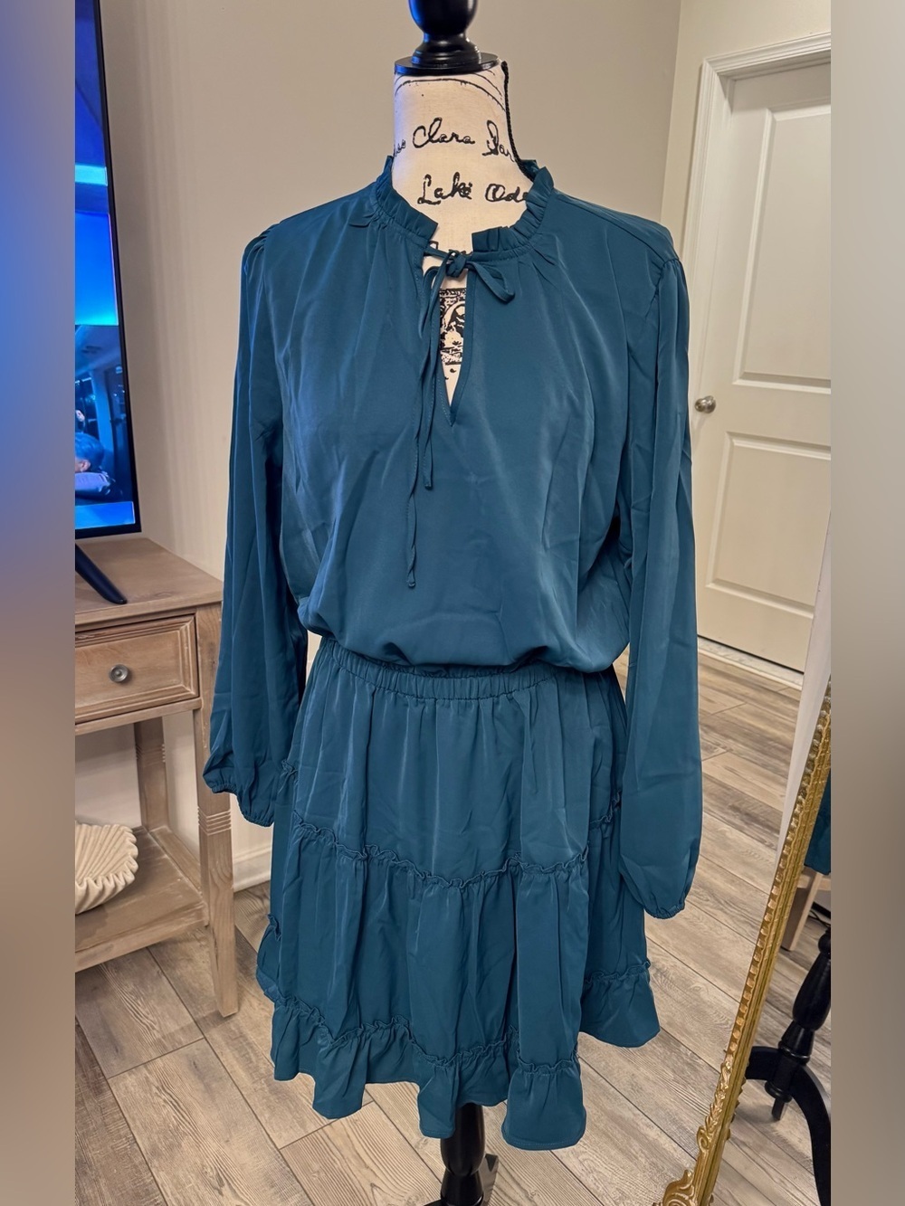 Teal Long-Sleeve Tie-Neck Tiered Dress